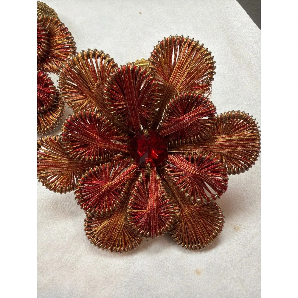 Vintage Ganutell Flower Napkin‎ Rings Set of 4 - Handmade Gold Red Wire Silk Art